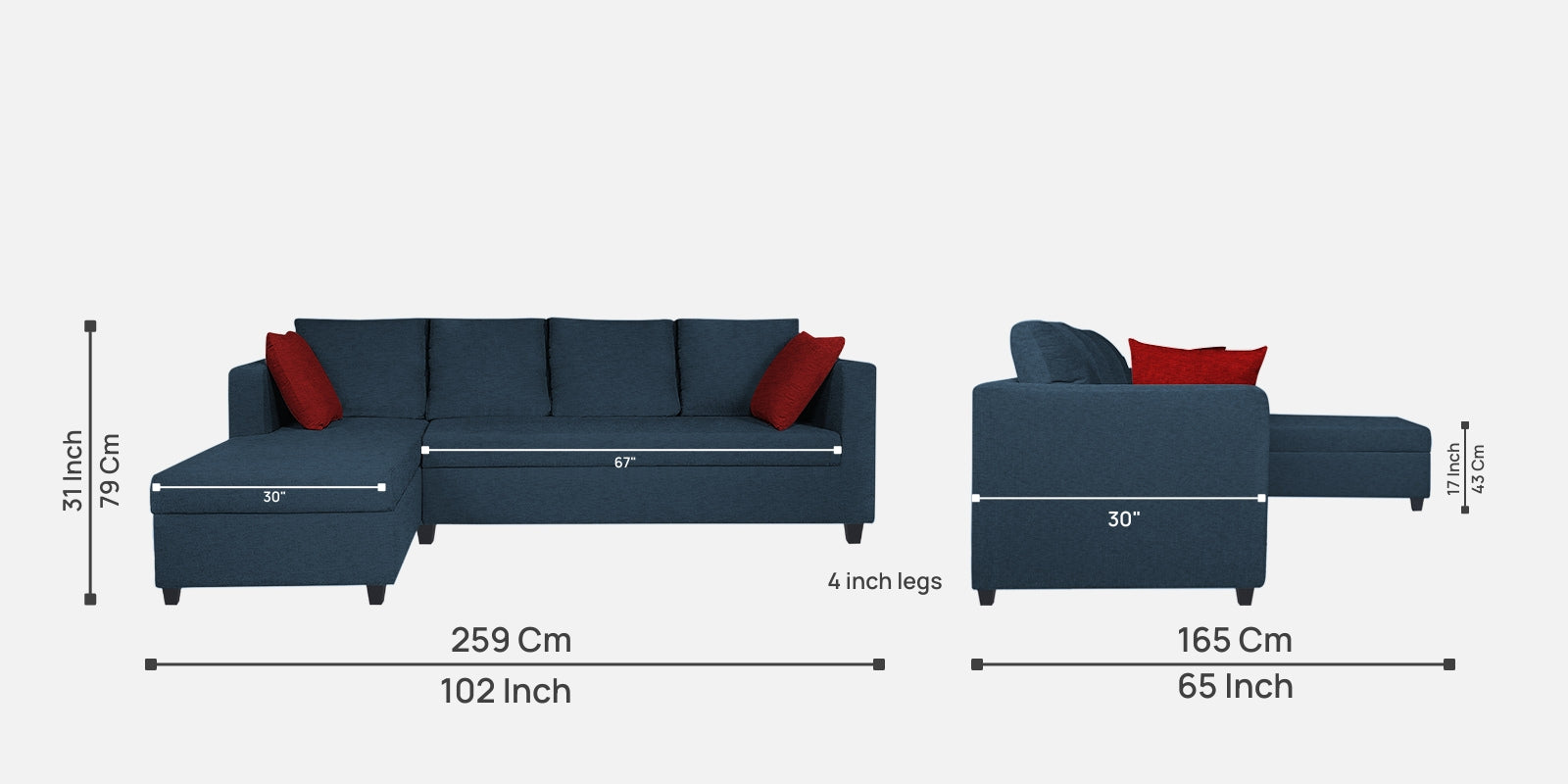 Nebula Fabric RHS Sectional Sofa (3+Lounger) In Light Blue Colour - Febonic Living