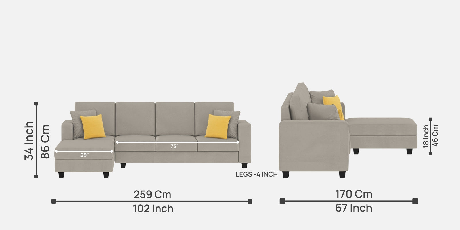 Nabi Fabric RHS Sectional Sofa (3+Lounger) In Ash Grey Colour - Febonic Living
