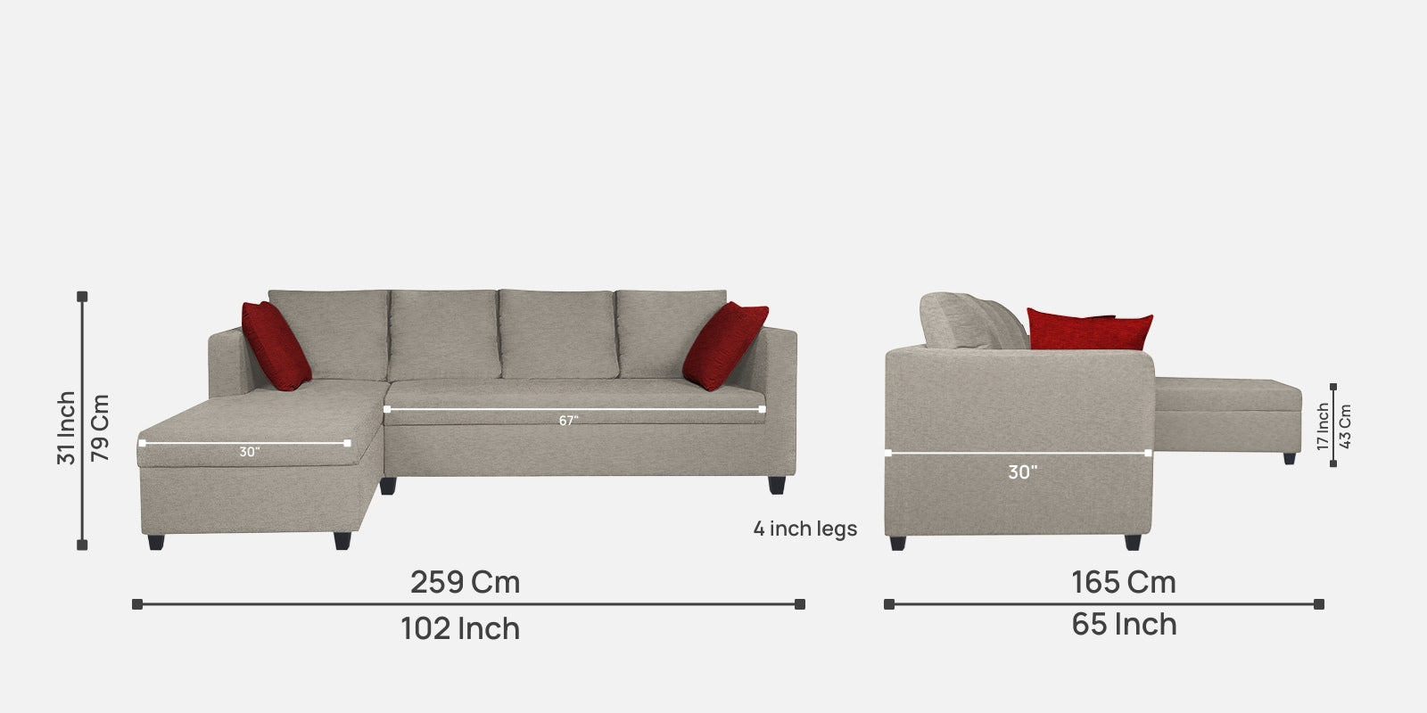Nebula Fabric RHS Sectional Sofa (3+Lounger) In Ash Grey Colour - Febonic Living