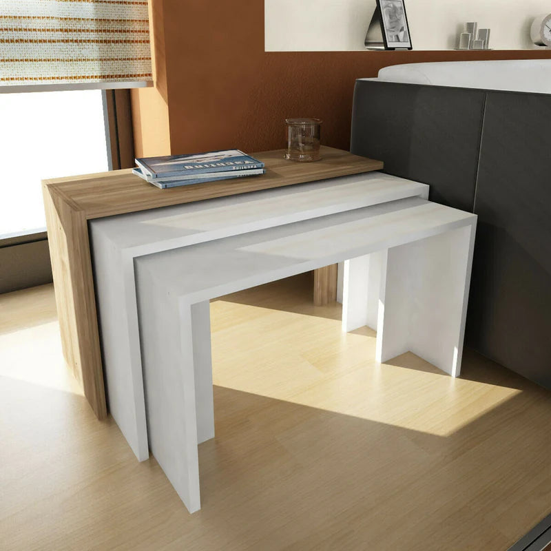 Shail Nesting Table In Frosty White & Oral Walnut Finish - Febonic Living