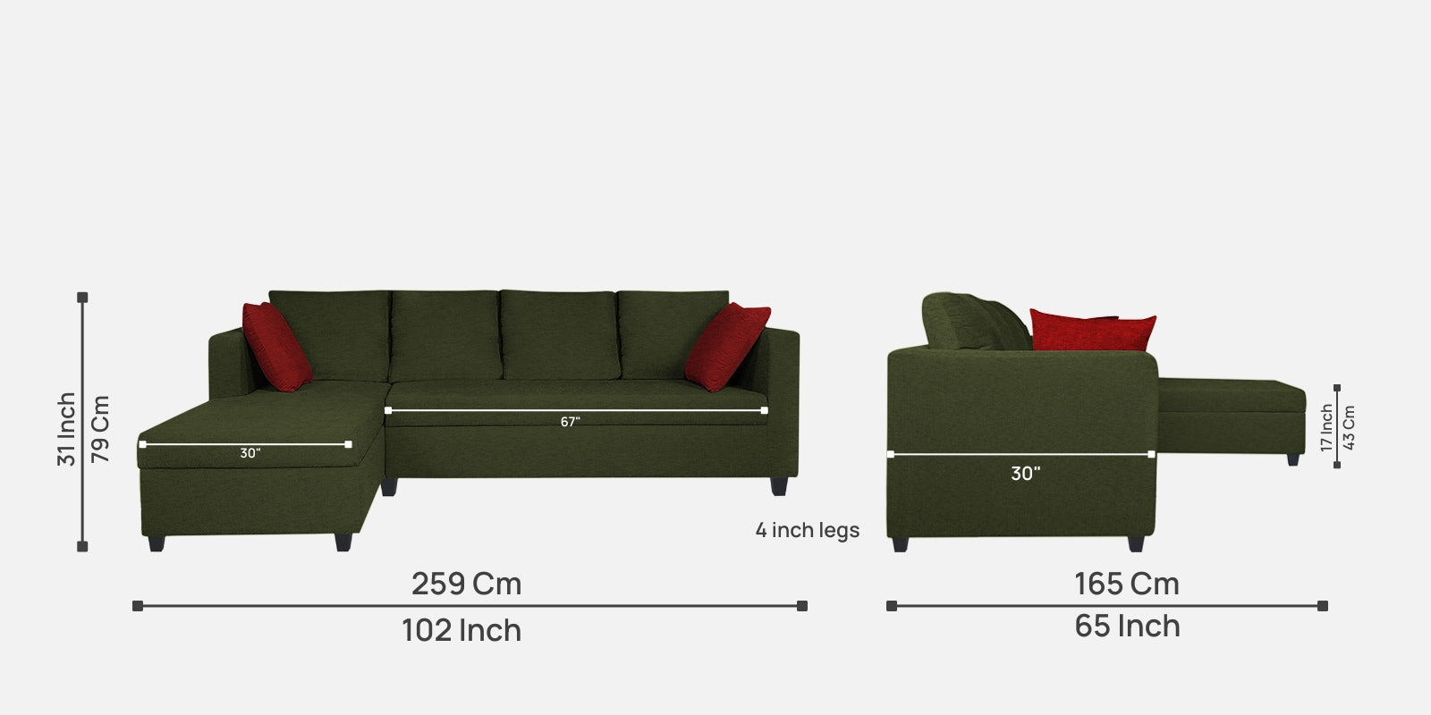 Nebula Fabric RHS Sectional Sofa (3+Lounger) In Olive Green Colour - Febonic Living