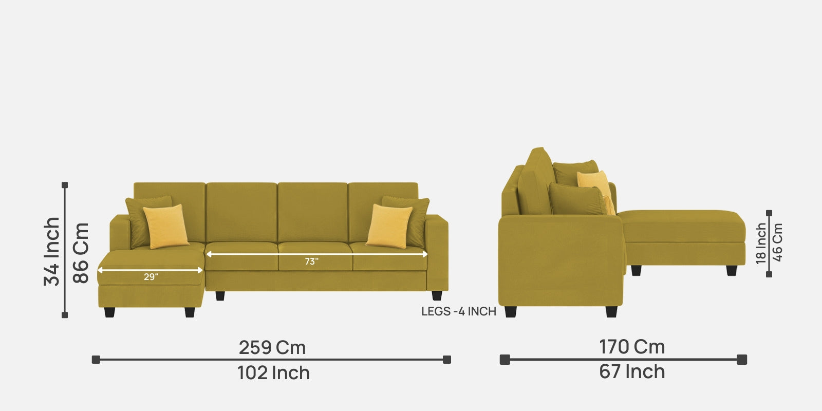 Nabi Fabric RHS Sectional Sofa (3+Lounger) In Parrot Green Colour - Febonic Living