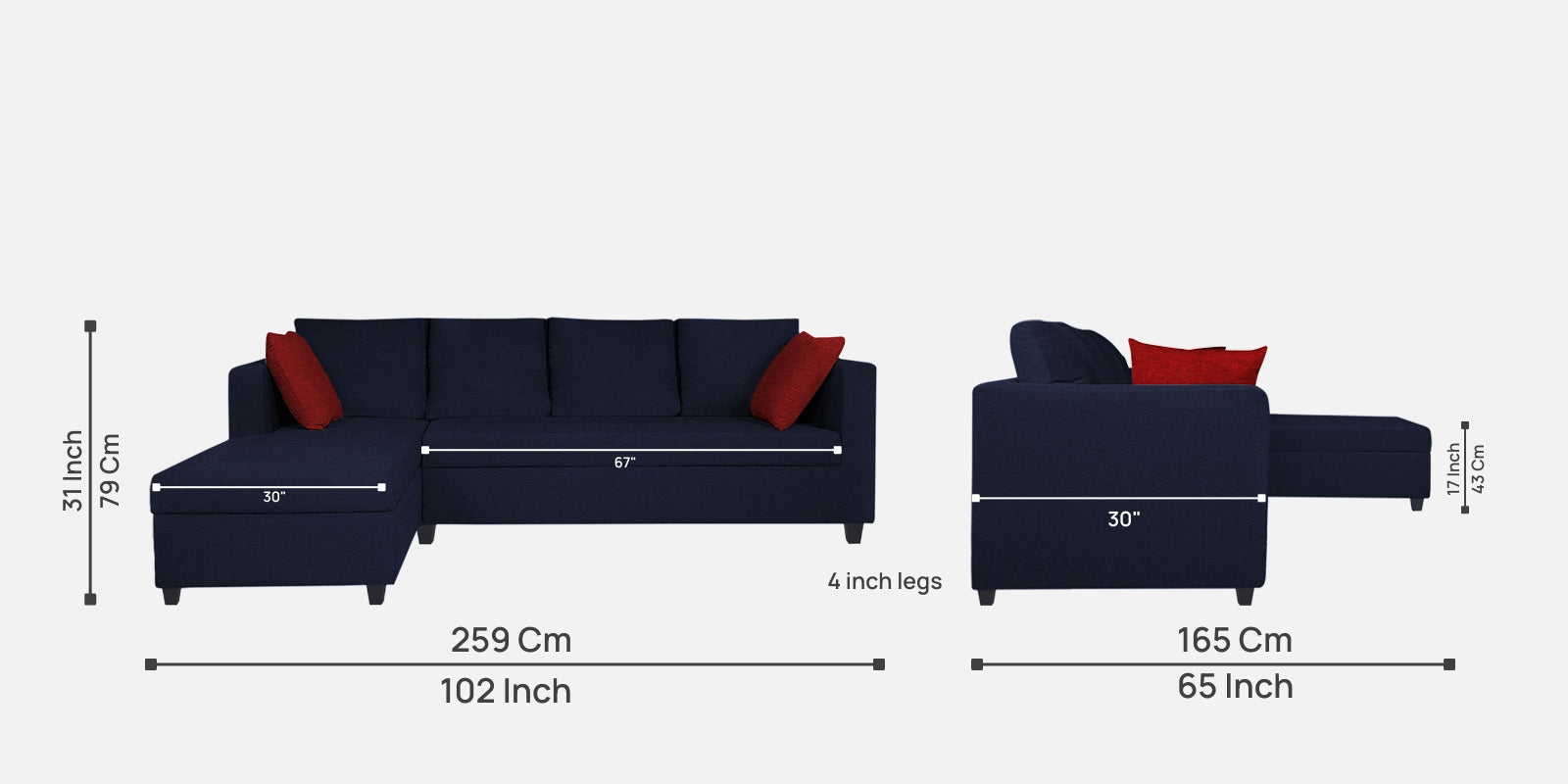 Nebula Fabric RHS Sectional Sofa (3+Lounger) In Royal Blue Colour - Febonic Living