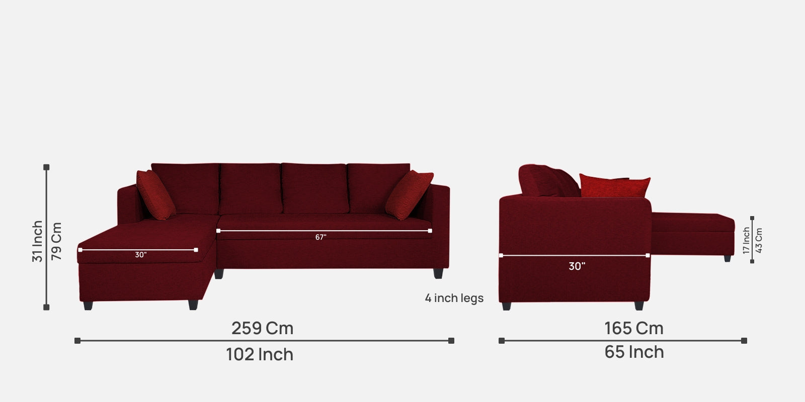Nebula Fabric RHS Sectional Sofa (3+Lounger) In Ruby Red Colour - Febonic Living