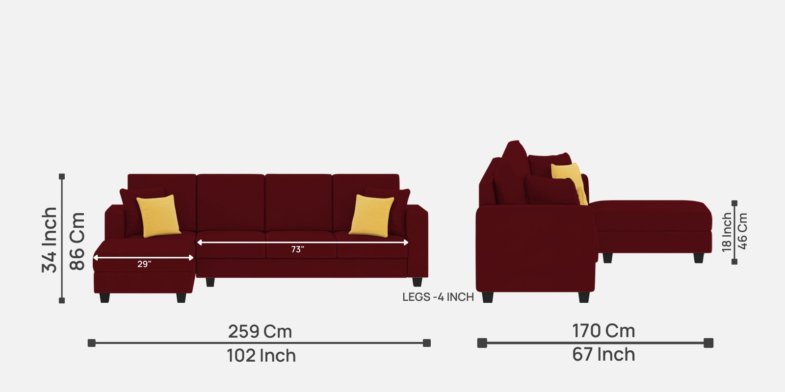 Nabi Fabric RHS Sectional Sofa (3+Lounger) In Ruby Red Colour - Febonic Living