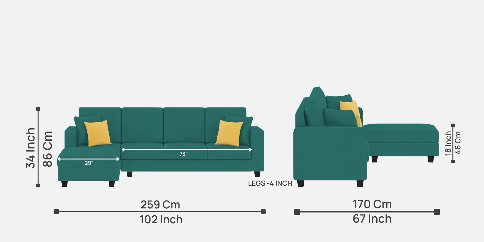 Nabi Fabric RHS Sectional Sofa (3+Lounger) In Sea Green Colour - Febonic Living