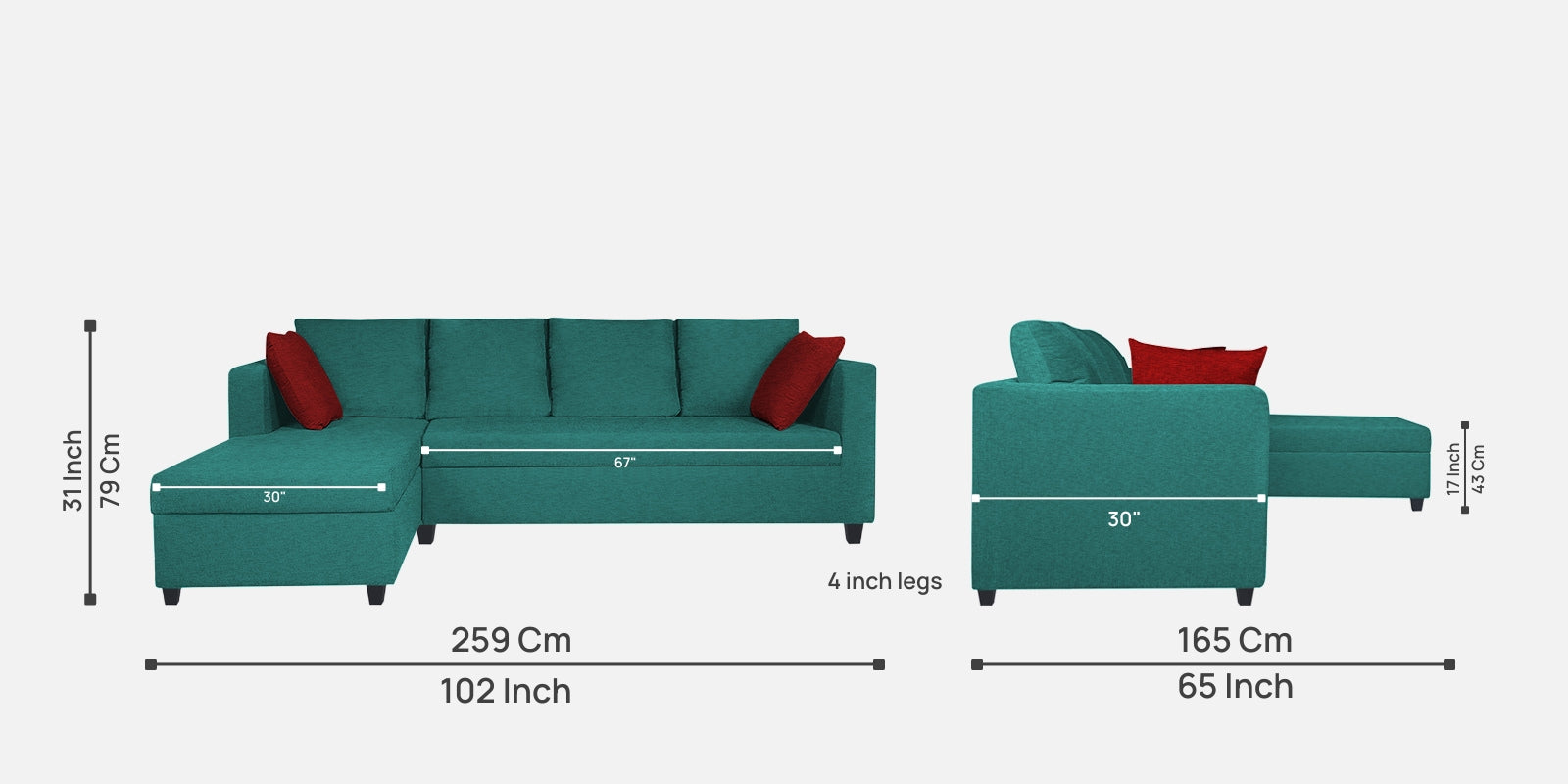 Nebula Fabric RHS Sectional Sofa (3+Lounger) In Sea Green Colour - Febonic Living