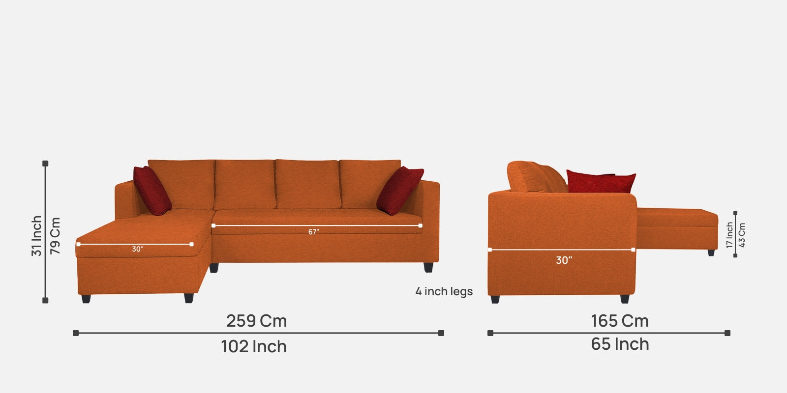Nebula Fabric RHS Sectional Sofa (3+Lounger) In Vivid Orange Colour - Febonic Living