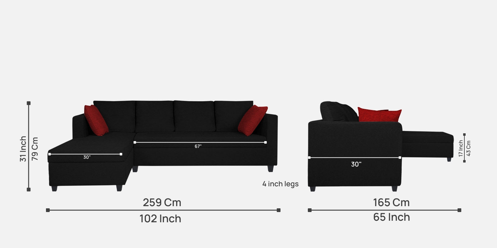 Nebula Fabric RHS Sectional Sofa (3+Lounger) In Zed Black Colour - Febonic Living