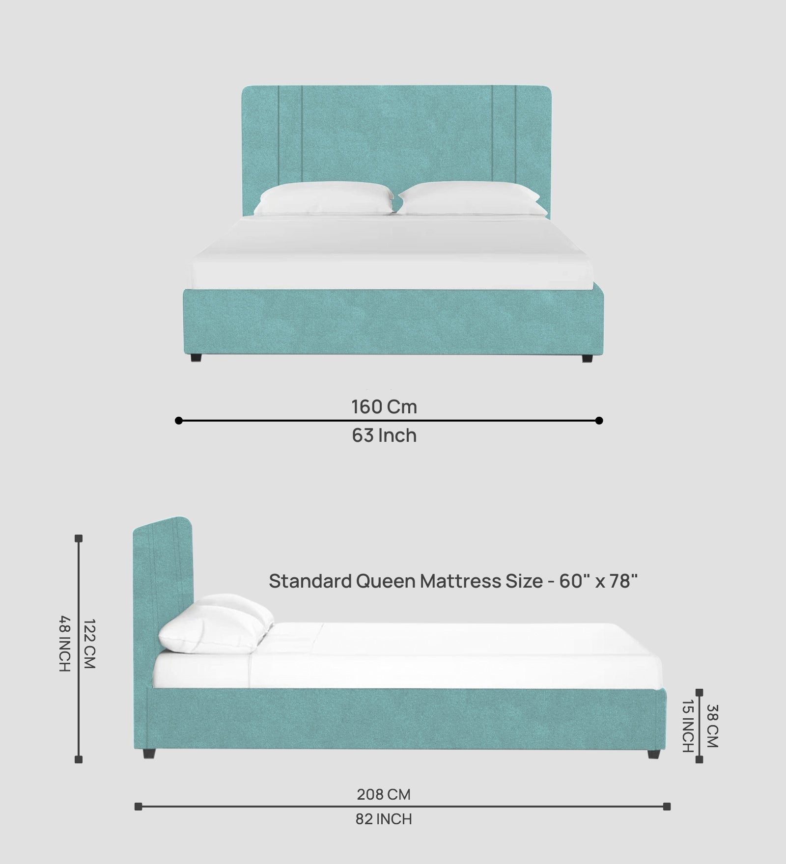 Asyra Velvet Queen Size Bed in Barmunda Aqua Colour With Box Storage - Febonic Living