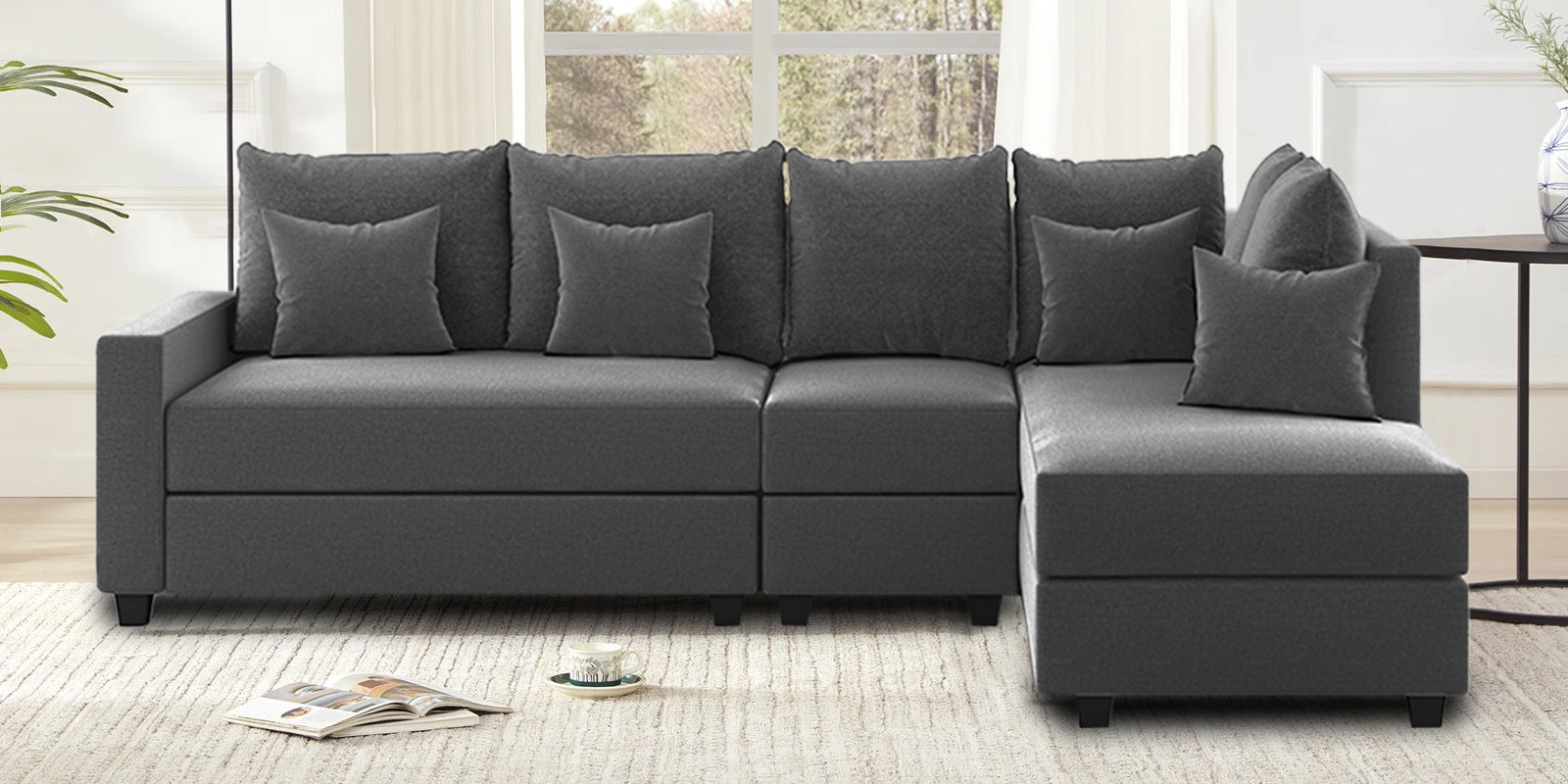 Ginny Fabric LHS Sectional Sofa (3+Lounger) In Charcoal Grey Colour - Febonic Living