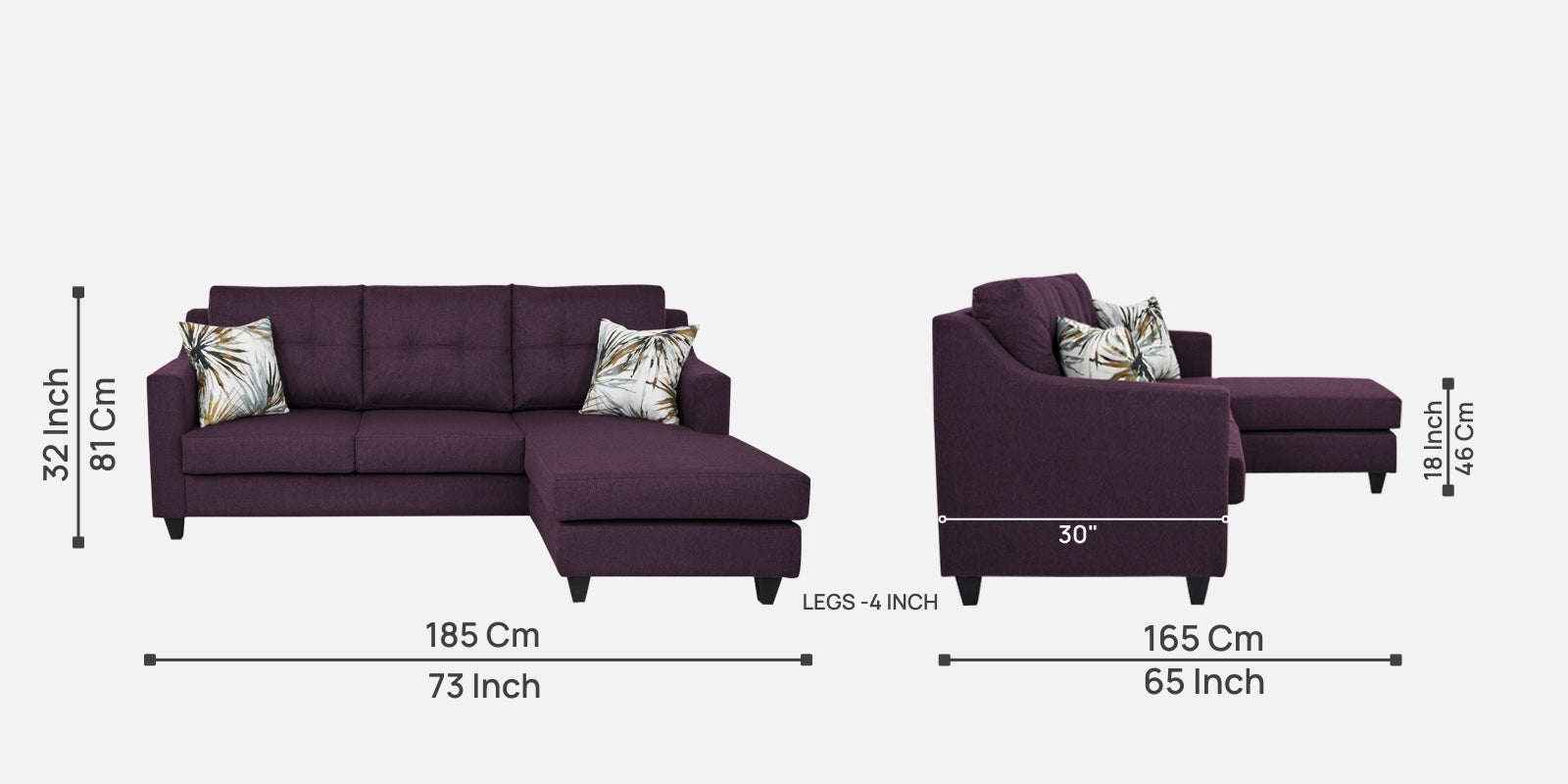 Welly Fabric LHS Sectional Sofa (2+Lounger) In Greek Purple Colour - Febonic Living