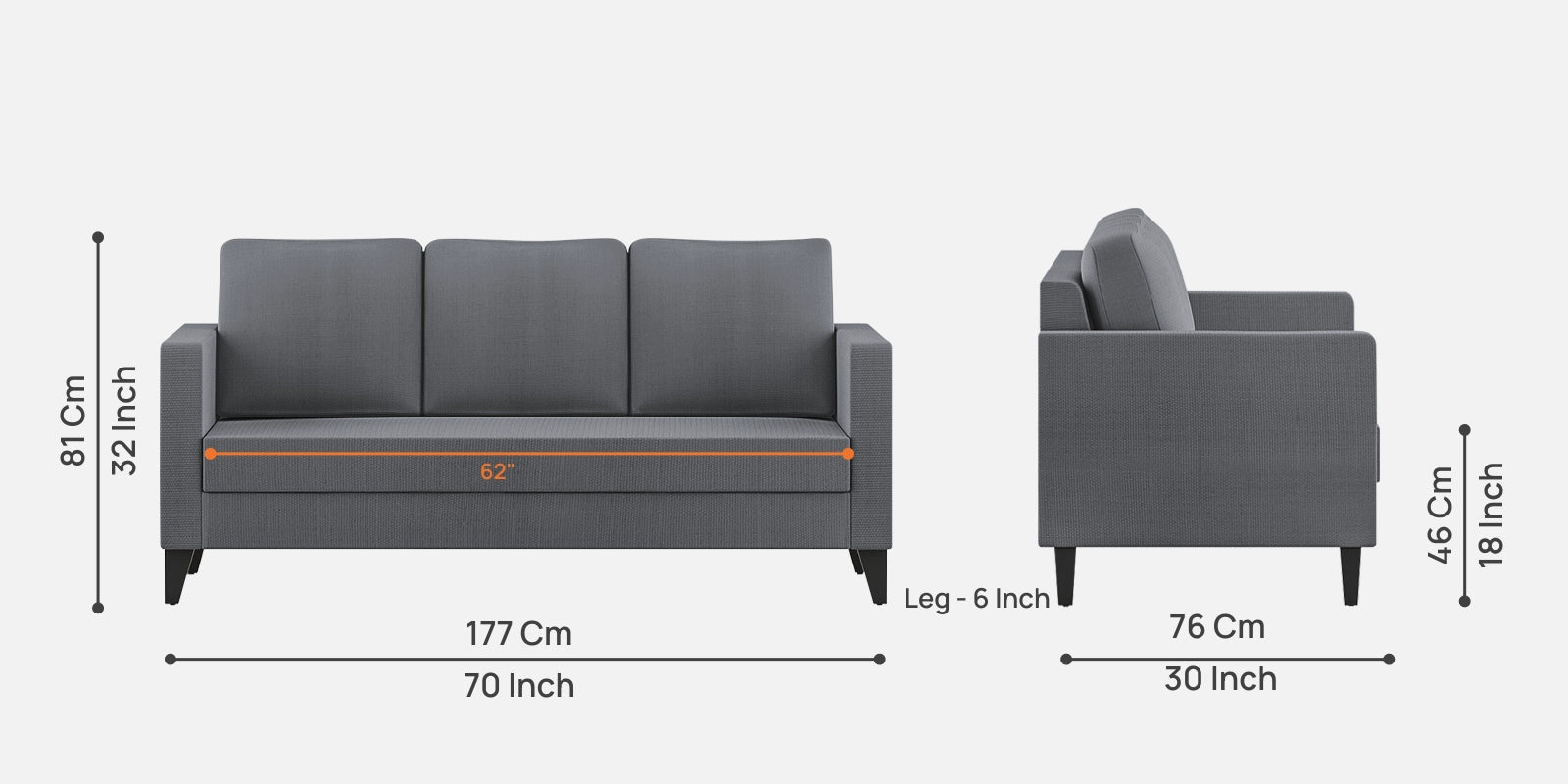 Nori Fabric 3 Seater Sofa In Maba Grey Colour - Febonic Living