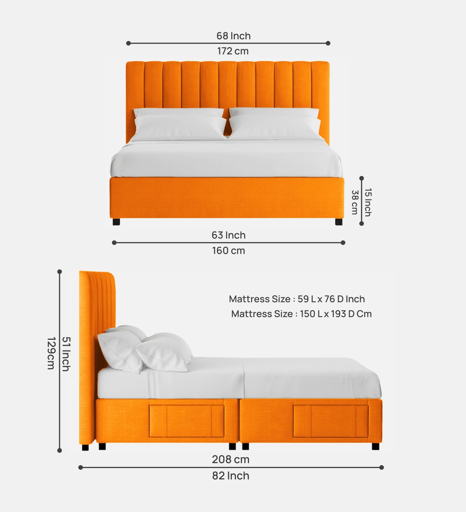 Nivi Fabric Queen Size Bed in Vivid Orange Colour with Drawer Storage
