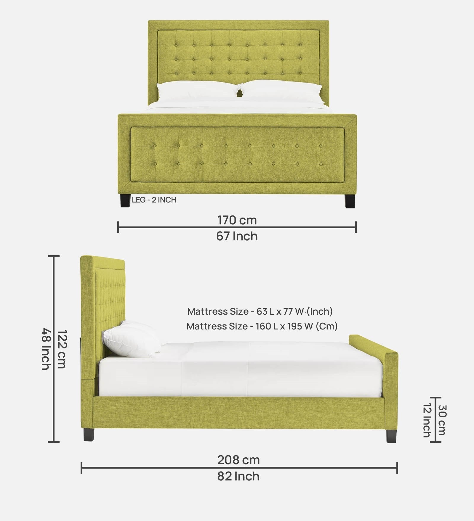 Kaster Fabric Queen Size Bed In Parrot Green Colour - Febonic Living