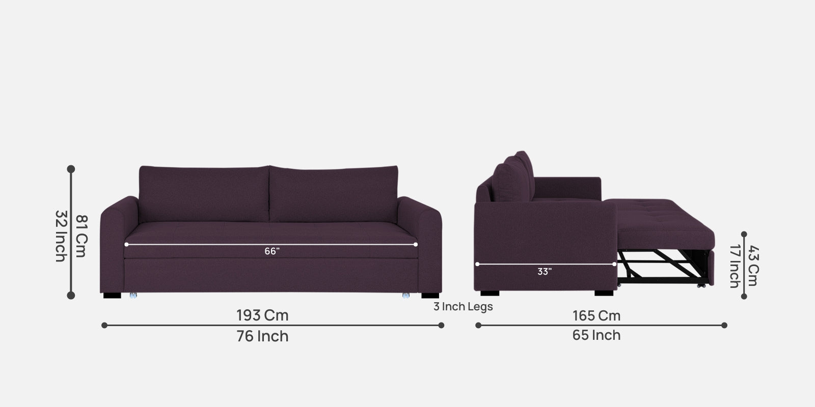 Sigma Fabric 3 Seater Pull Out Sofa Cum Bed In Greek Purple Colour - Febonic Living