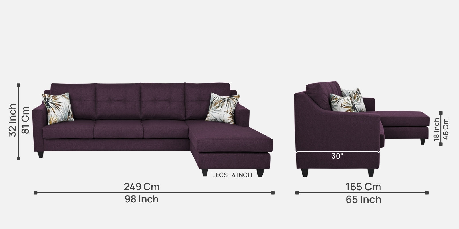 Welly Fabric LHS Sectional Sofa (3+Lounger) In Greek Purple Colour - Febonic Living