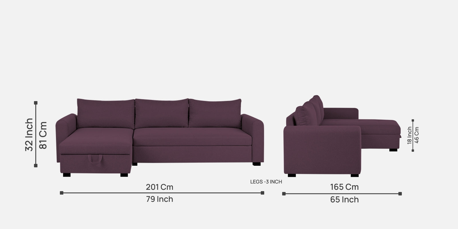 Sigma Fabric RHS Sectional Sofa (3+Lounger) In Greek Purple Colour - Febonic Living