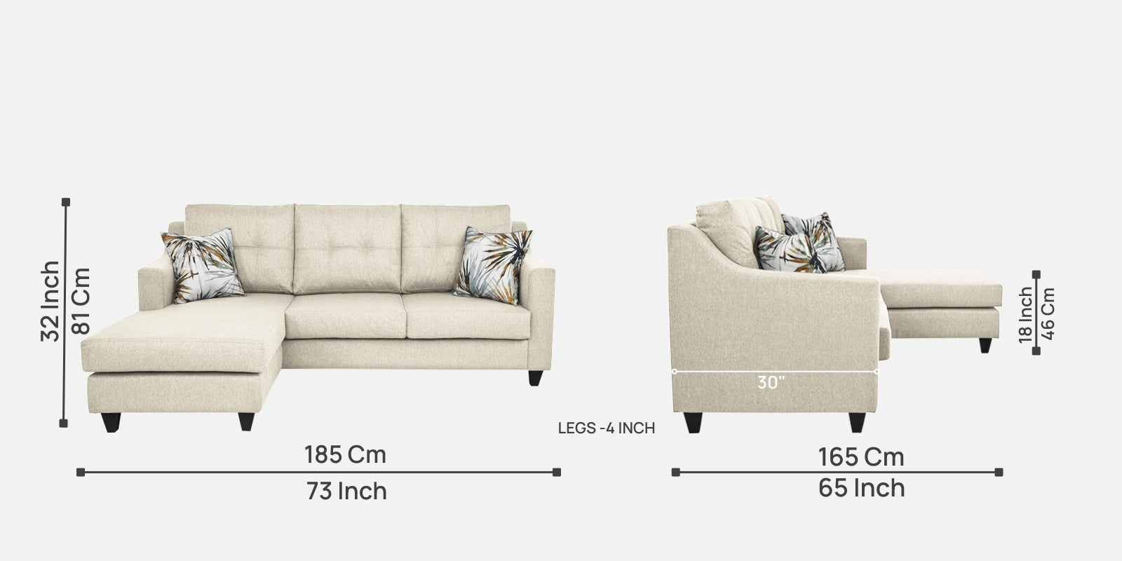 Welly Fabric RHS Sectional Sofa (2+Lounger) In Ivory Cream Colour - Febonic Living