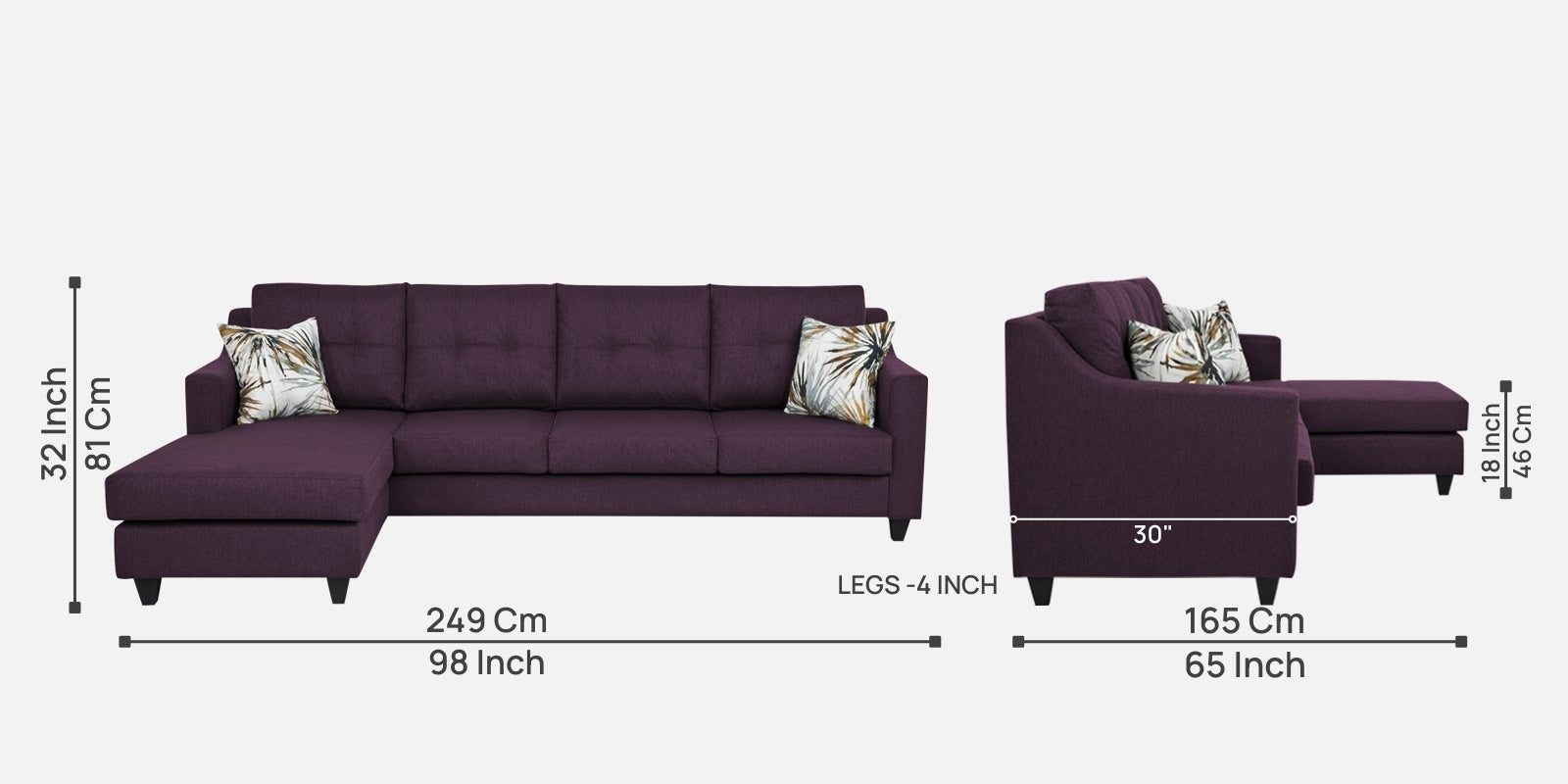 Welly Fabric RHS Sectional Sofa (3+Lounger) In Greek Purple Colour - Febonic Living