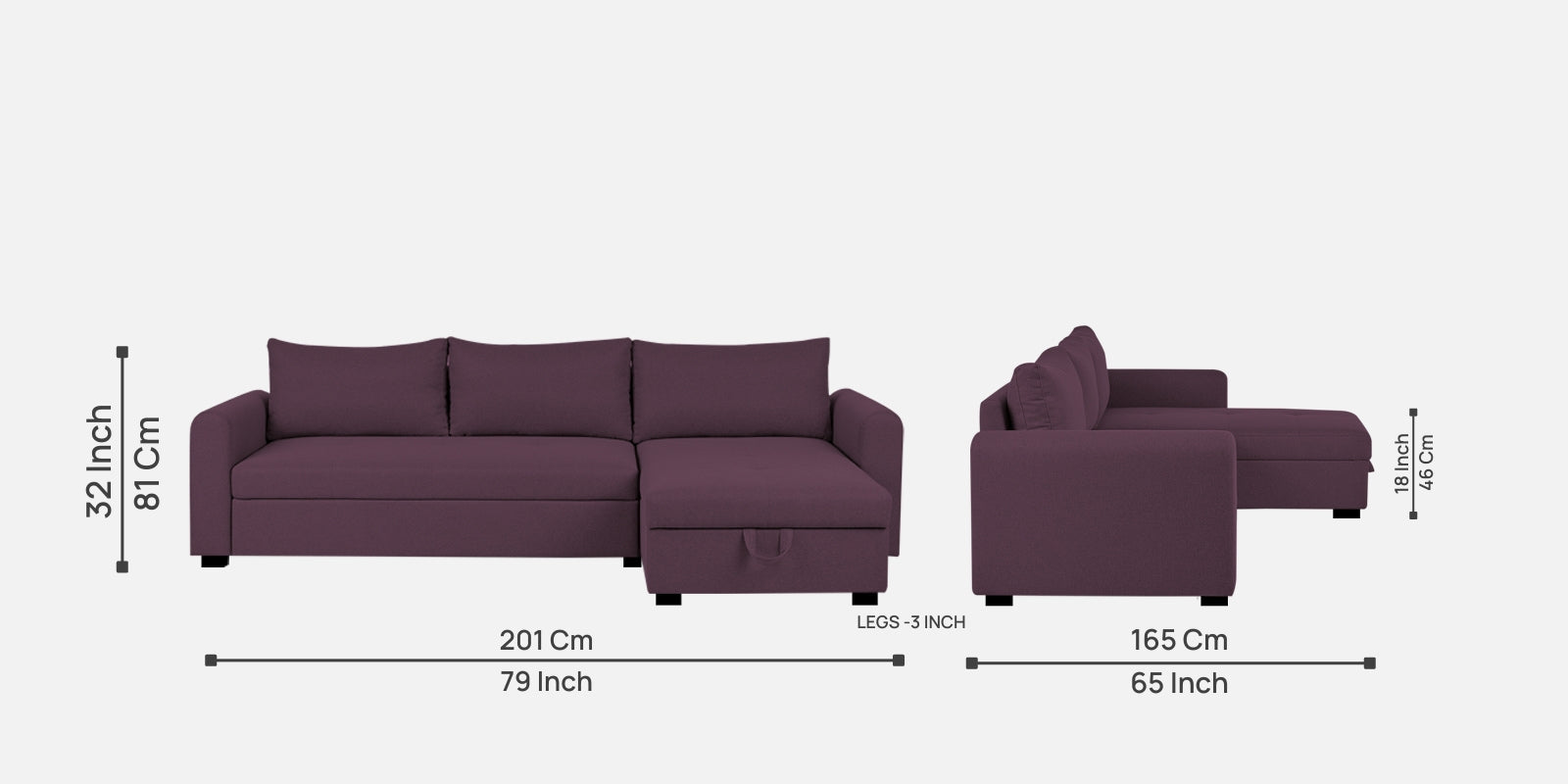 Sigma Fabric LHS Sectional Sofa (3+Lounger) In Greek Purple Colour - Febonic Living