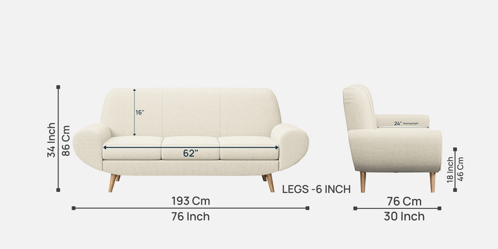 Jessy Fabric 3 Seater Sofa In Ivory Cream Colour - Febonic Living
