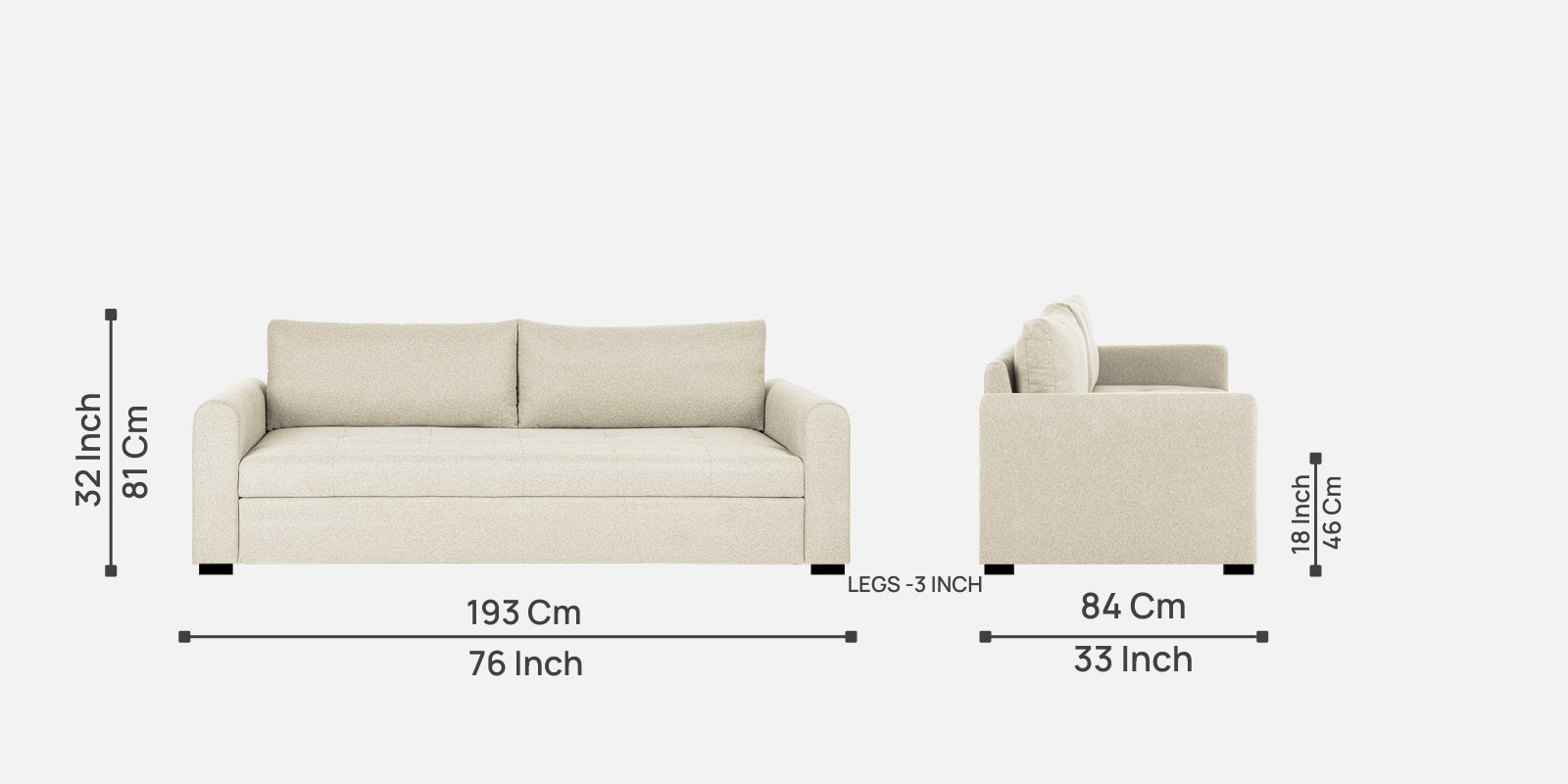 Sigma Fabric 3 Seater Sofa In Ivory Cream Colour - Febonic Living