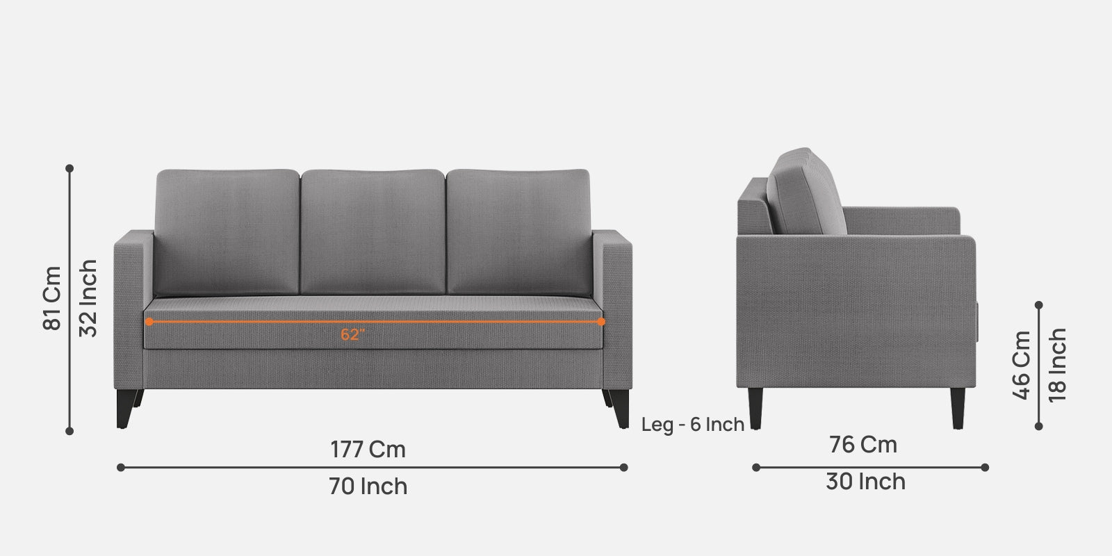 Nori Fabric 3 Seater Sofa In Sudo Grey Colour - Febonic Living