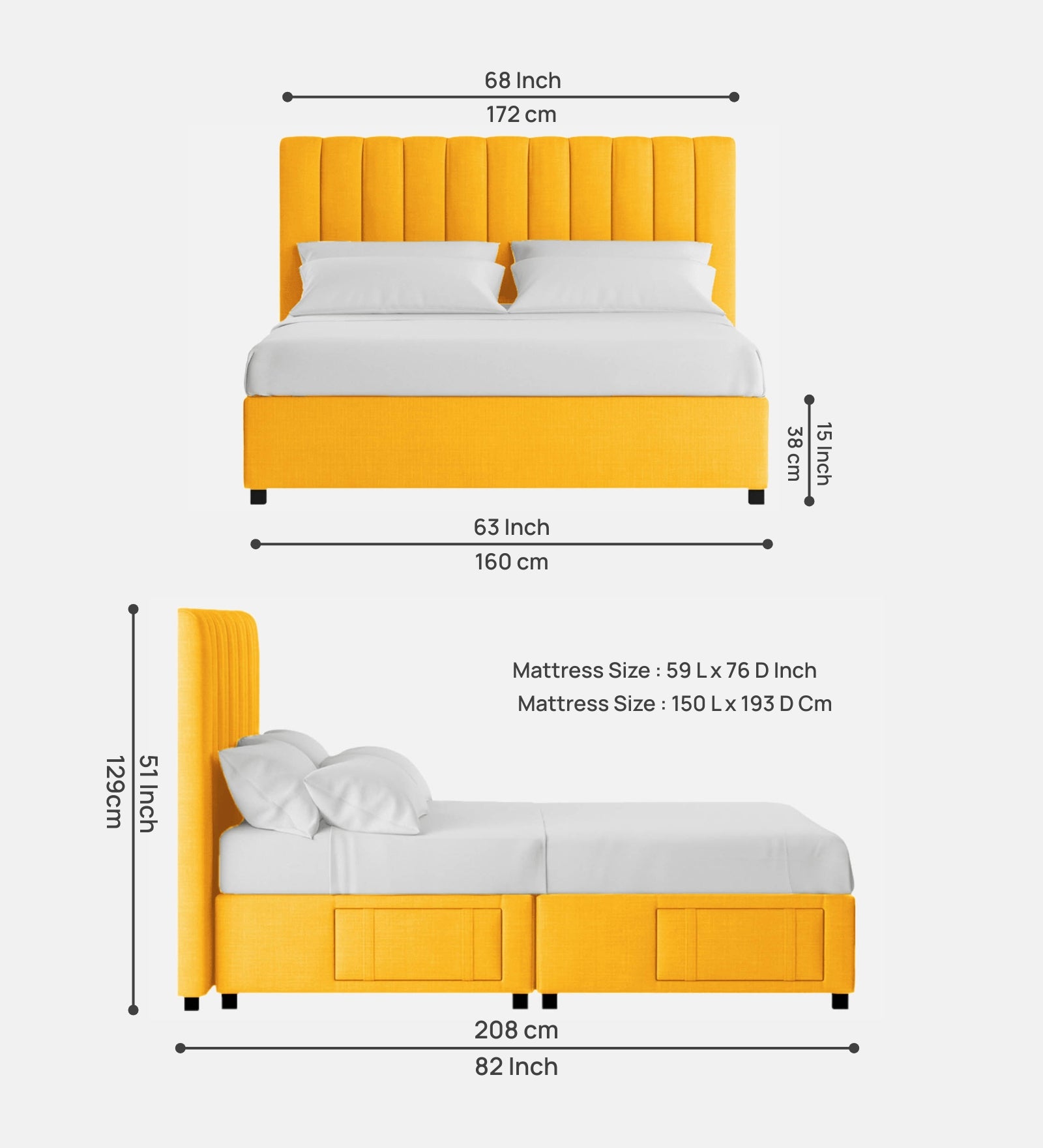 Nivi Fabric Queen Size Bed in Bold Yellow Colour with Drawer Storage - Febonic Living