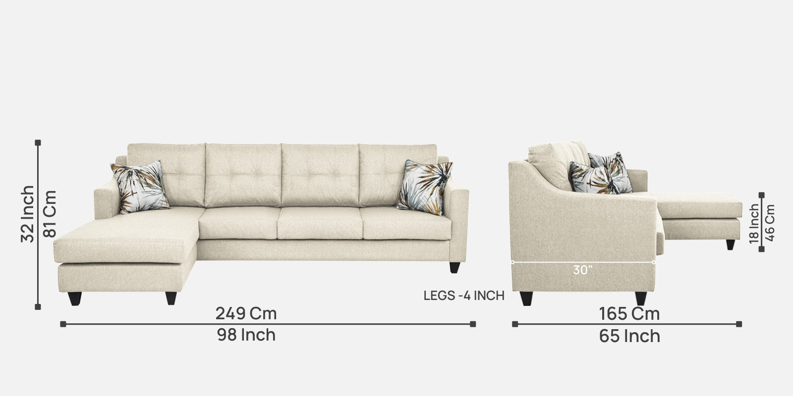 Welly Fabric RHS Sectional Sofa (3+Lounger) In Ivory Cream Colour - Febonic Living