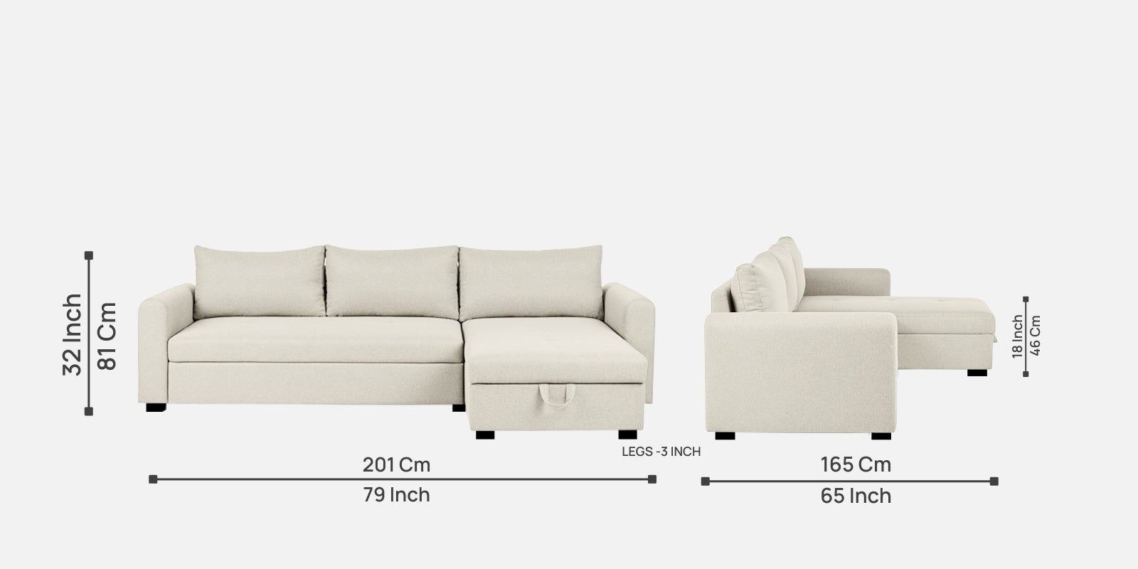 Sigma Fabric LHS Sectional Sofa (3+Lounger) In Ivory Cream Colour - Febonic Living