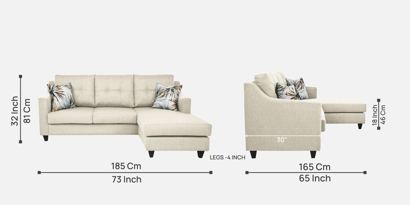Welly Fabric LHS Sectional Sofa (2+Lounger) In Ivory Cream Colour - Febonic Living