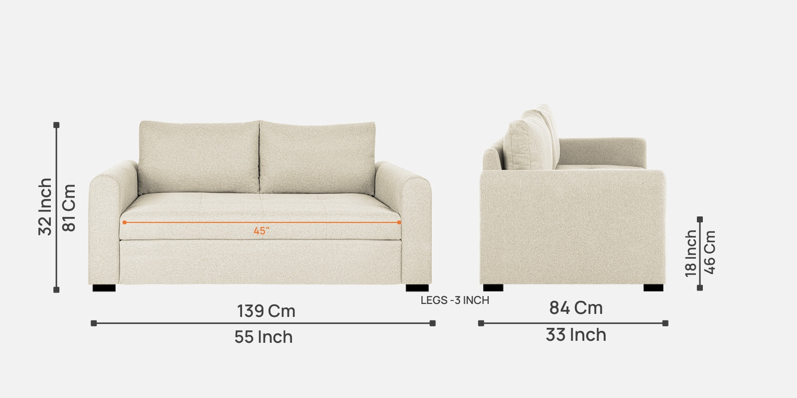 Sigma Fabric 2 Seater Sofa In Ivory Cream Colour - Febonic Living