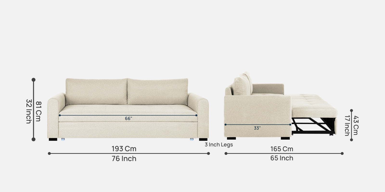 Sigma Fabric 3 Seater Pull Out Sofa Cum Bed In Ivory Cream Colour - Febonic Living