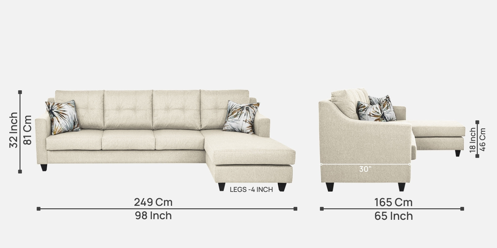 Welly Fabric LHS Sectional Sofa (3+Lounger) In Ivoery Cream Colour - Febonic Living