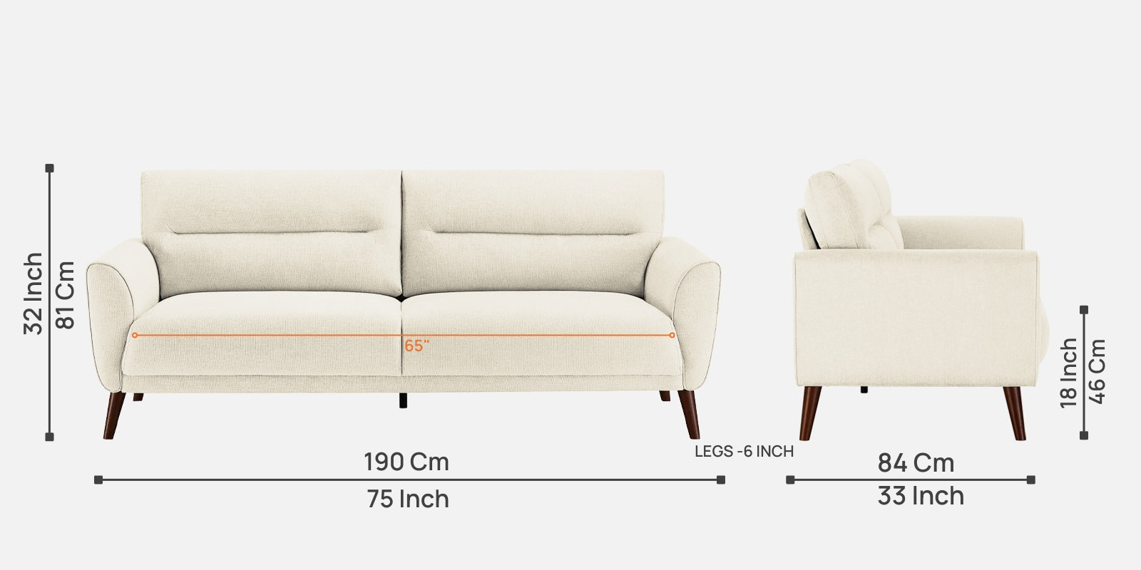 Castro Fabric 3 Seater Sofa In Ivory Cream Colour - Febonic Living