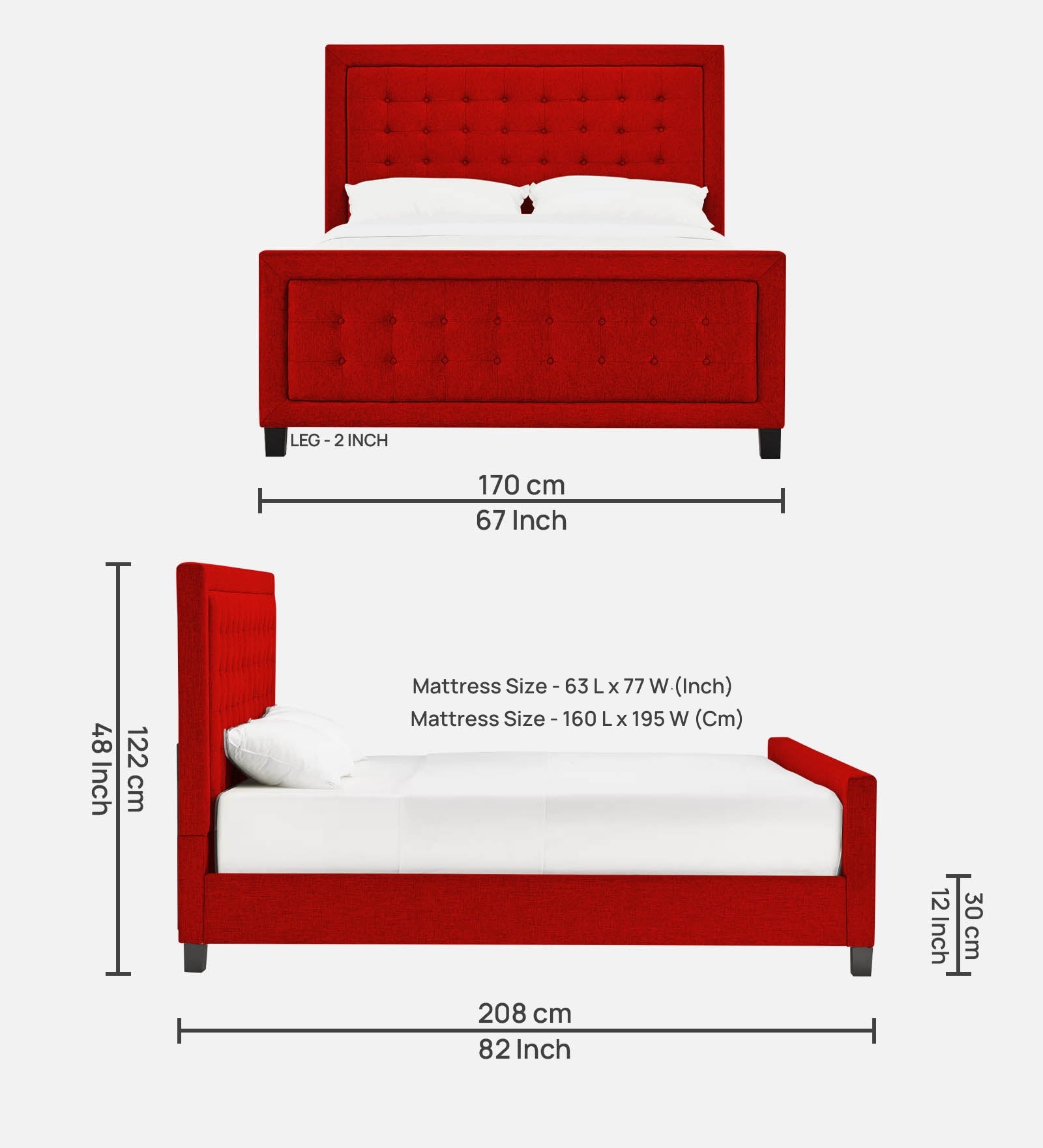 Kaster Fabric Queen Size Bed In Ruby Red Colour - Febonic Living