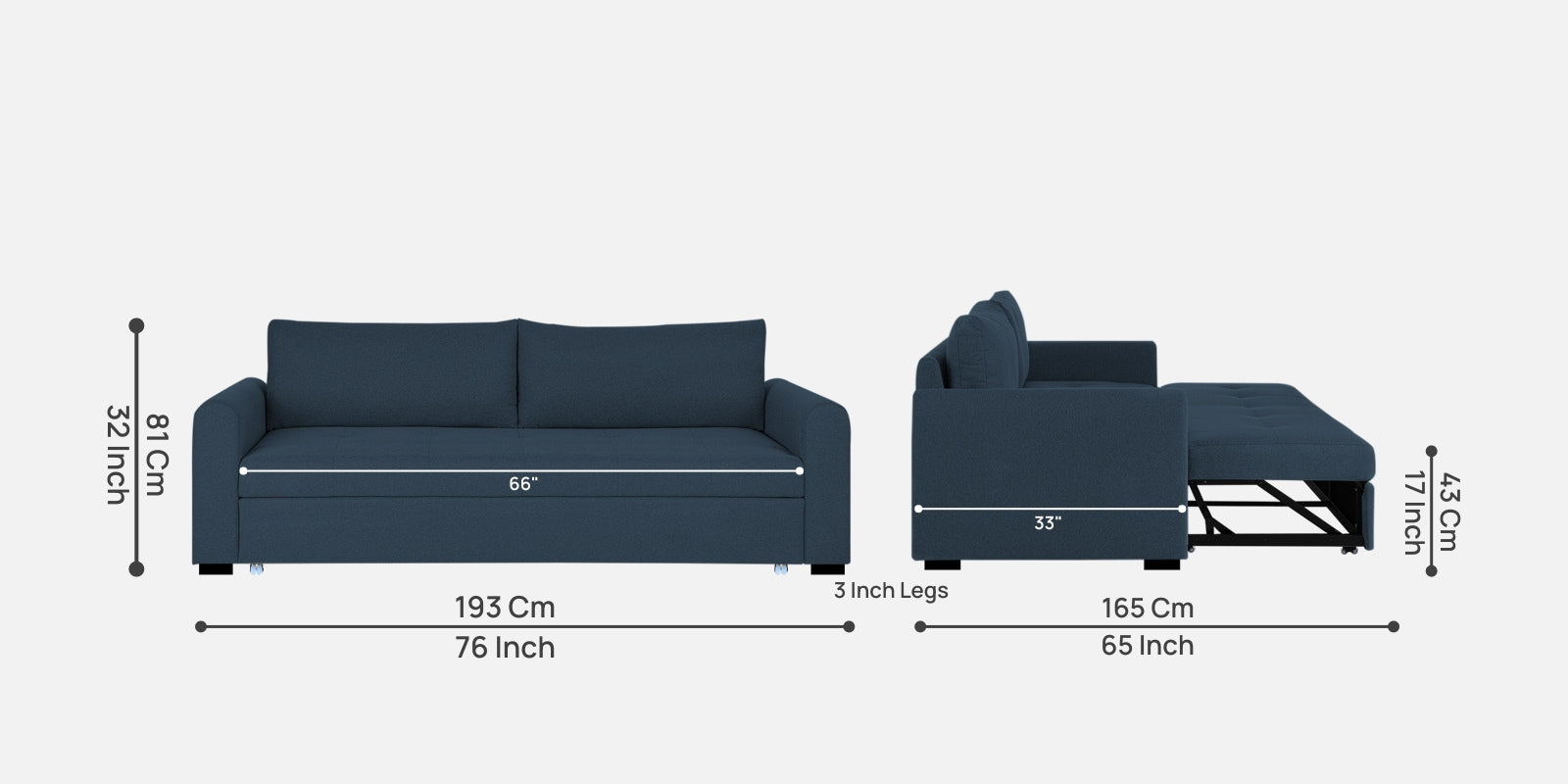 Sigma Fabric 3 Seater Pull Out Sofa Cum Bed In Light Blue Colour - Febonic Living
