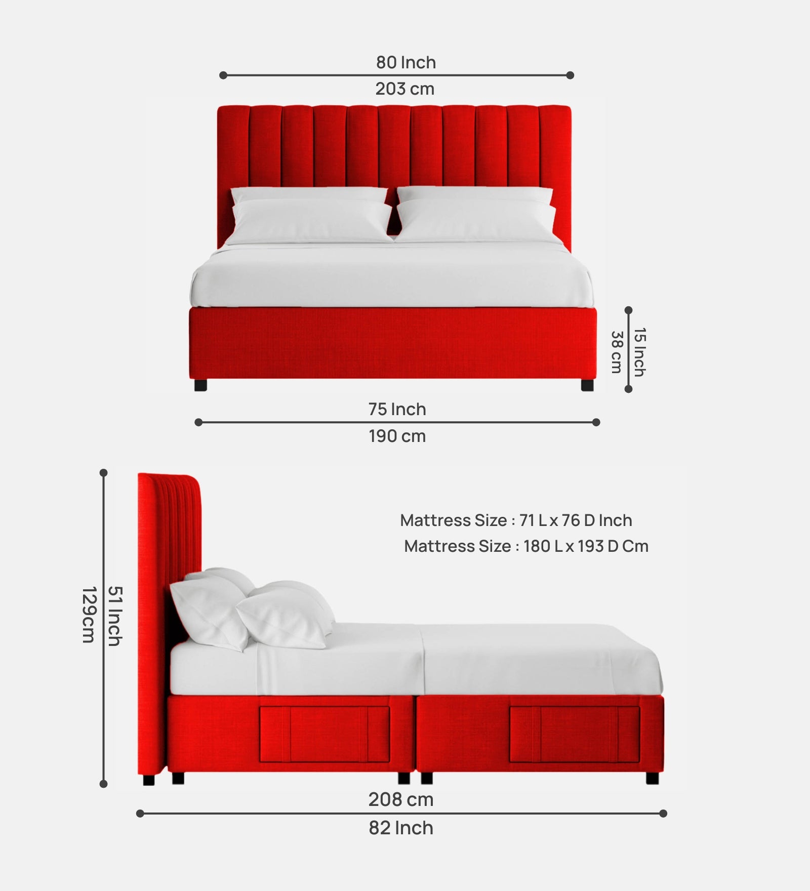 Nivi Fabric King Size Bed In Ruby Red Colour With Drawer Storage - Febonic Living