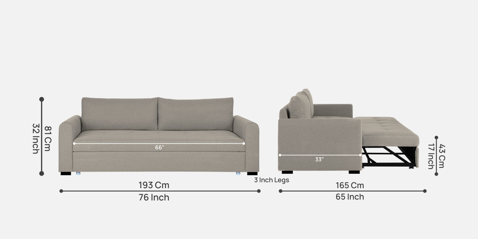Sigma Fabric 3 Seater Pull Out Sofa Cum Bed In Ash Grey Colour - Febonic Living