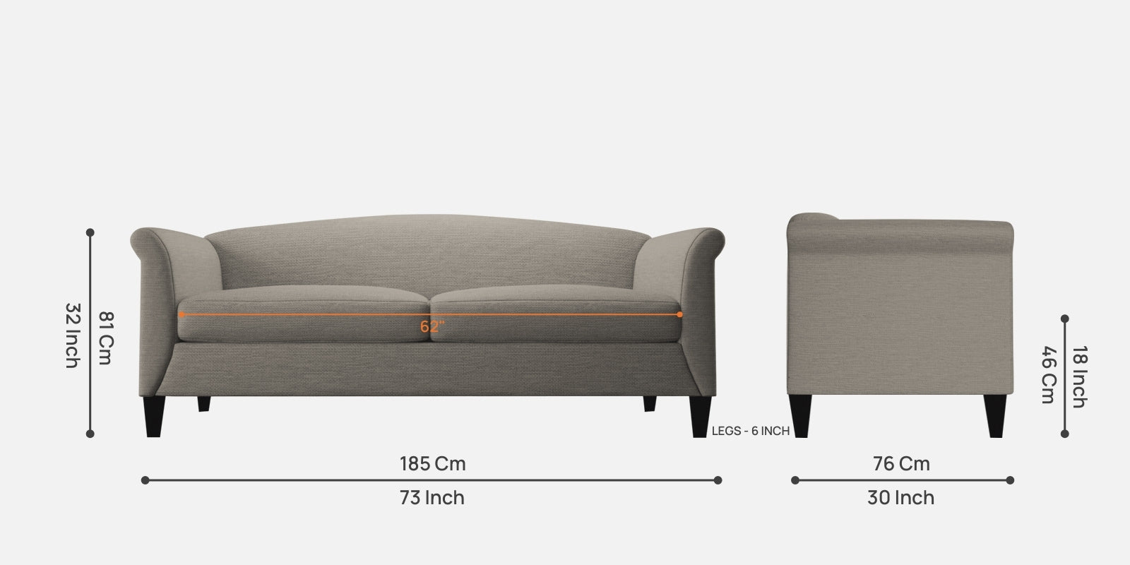 Kimber Fabric 3 Seater Sofa in Ash Grey Colour