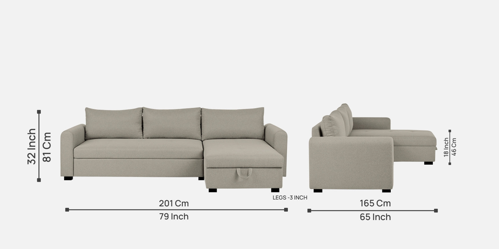 Sigma Fabric LHS Sectional Sofa (3+Lounger) In Ash Grey Colour - Febonic Living