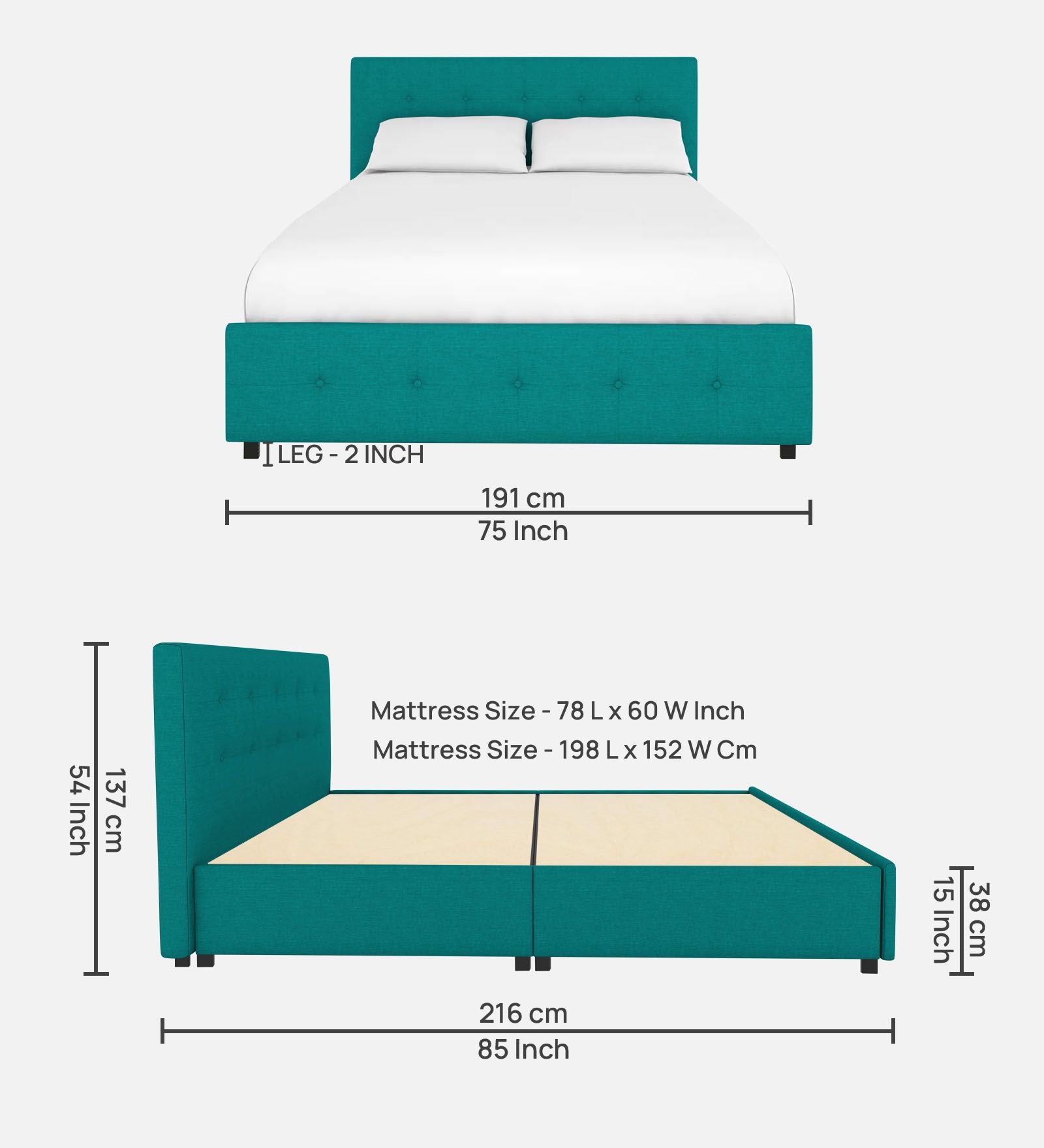 Lido Fabric Queen Size Bed In Sea Green Colour With Drawer Storage - Febonic Living