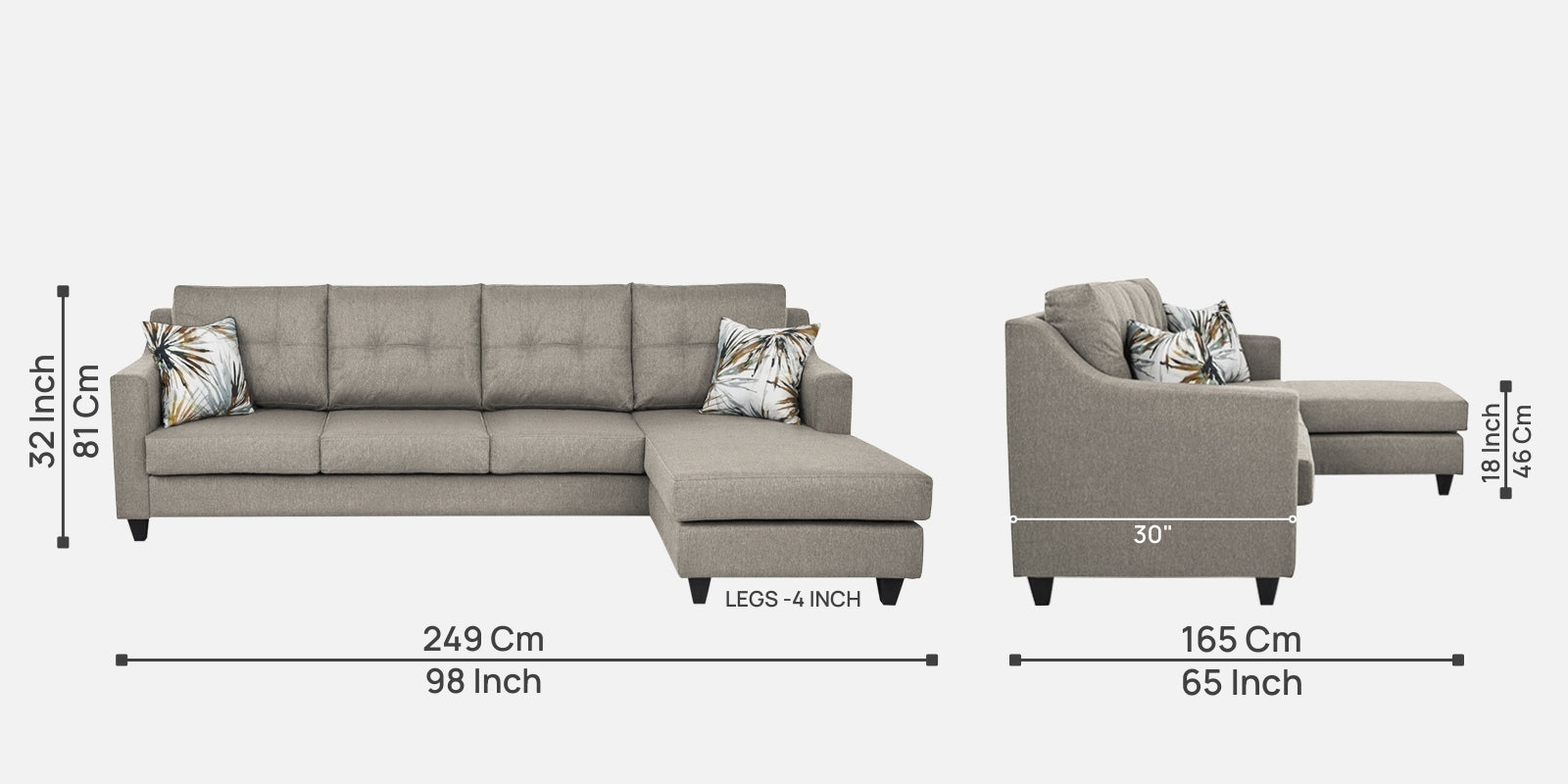 Welly Fabric LHS Sectional Sofa (3+Lounger) In Ash Grey Colour - Febonic Living
