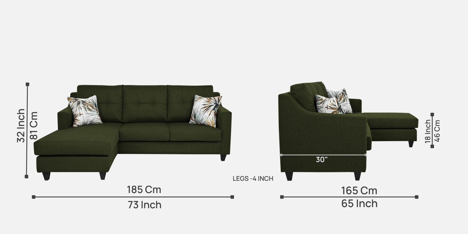 Welly Fabric RHS Sectional Sofa (2+Lounger) In Olive Green Colour - Febonic Living