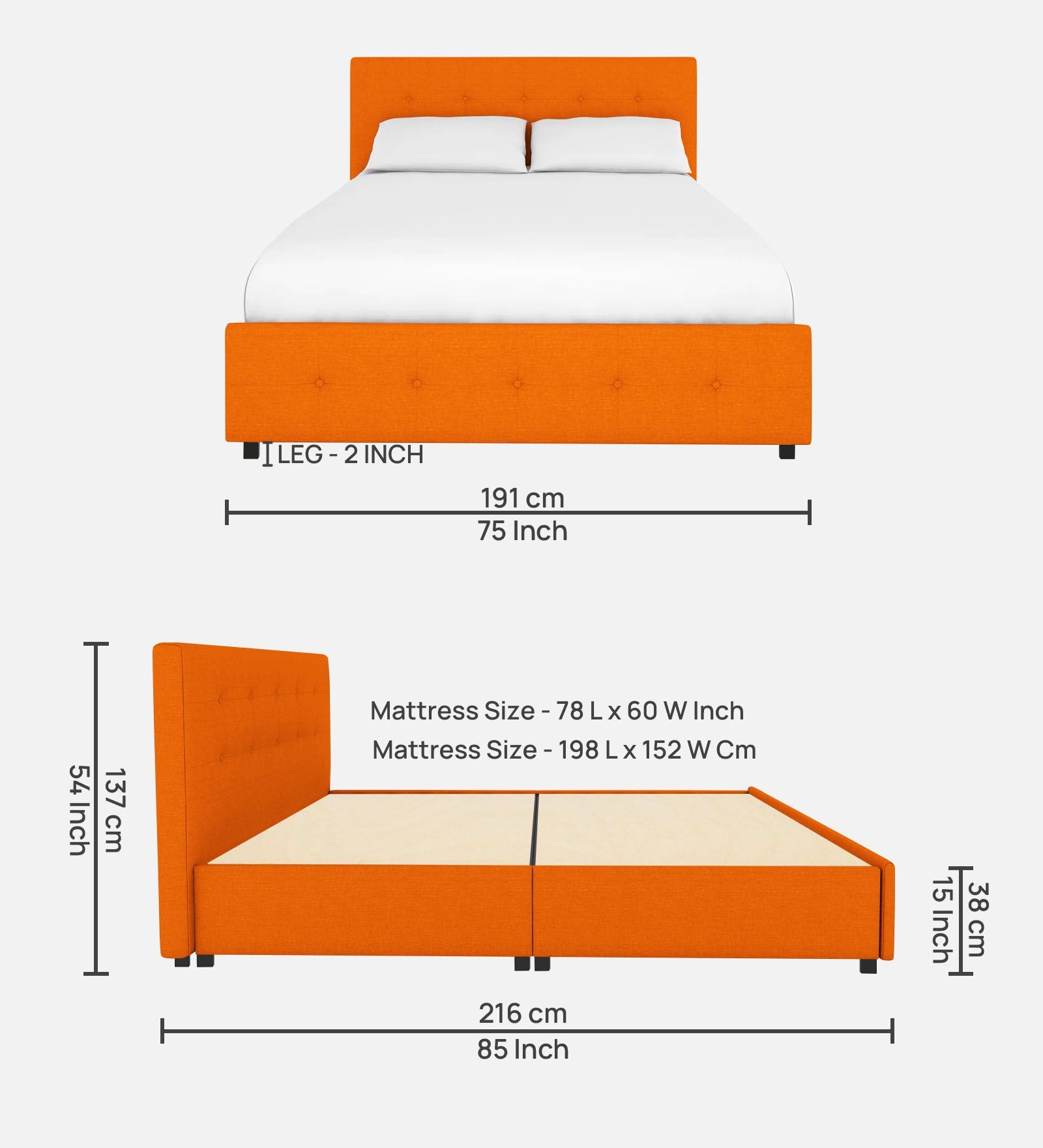 Lido Fabric Queen Size Bed In Vivid Orange Colour With Drawer Storage - Febonic Living