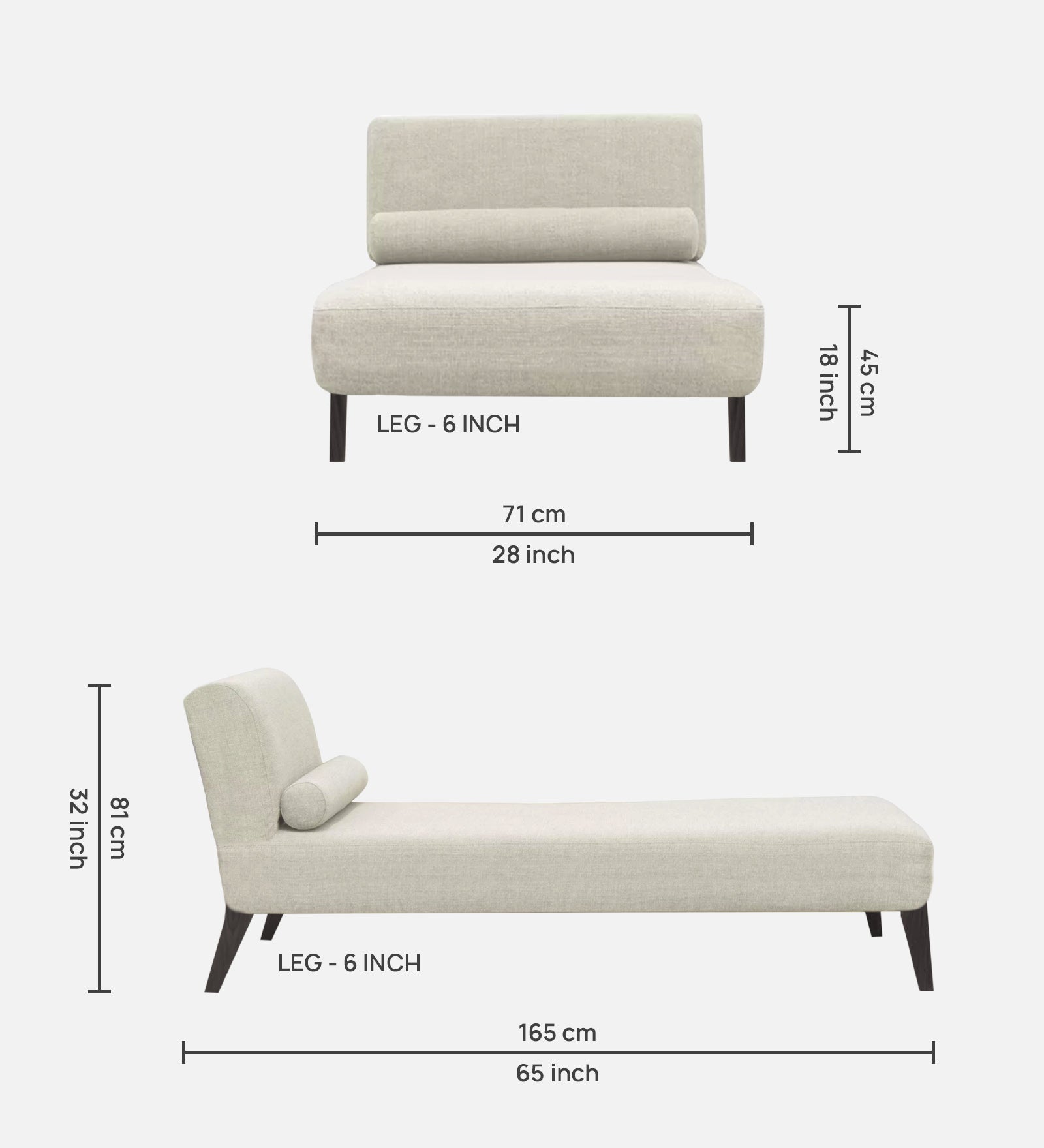 Noce Fabric Armless Chaise Lounger In Ivory Cream Colour - Febonic Living