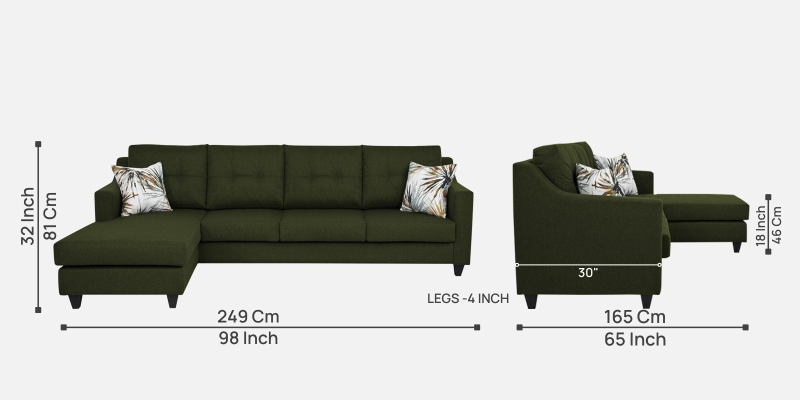 Welly Fabric RHS Sectional Sofa (3+Lounger) In Olive Green Colour - Febonic Living