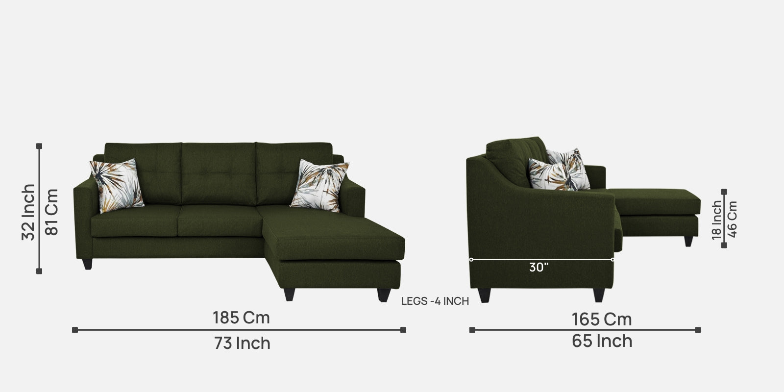 Welly Fabric LHS Sectional Sofa (2+Lounger) In Olive Green Colour - Febonic Living