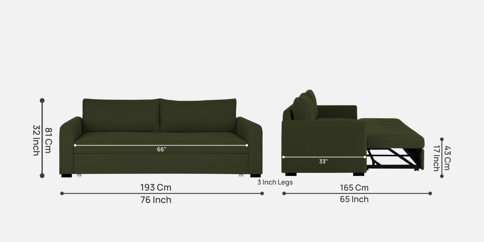Sigma Fabric 3 Seater Pull Out Sofa Cum Bed In Olive Green Colour - Febonic Living